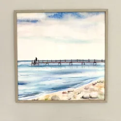 Akvarel - Badebro ved Eg� strand - 40x40cm inkl ramme