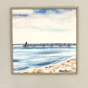 Akvarel - Badebro ved Eg� strand - 40x40cm inkl ramme