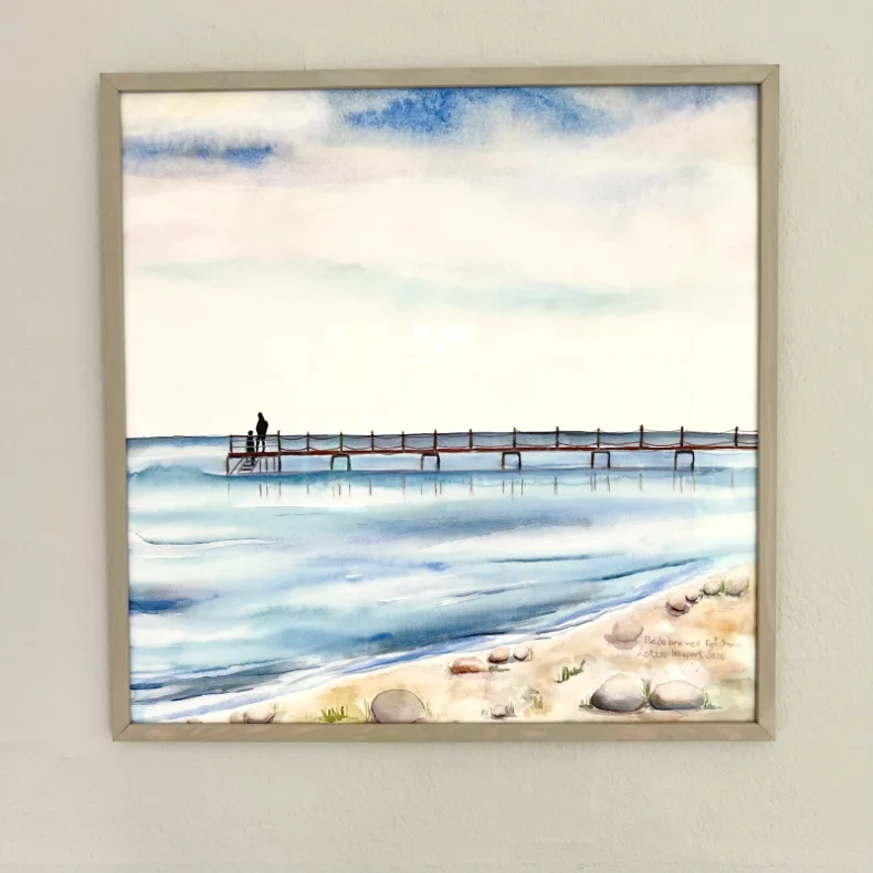 Akvarel - Badebro ved Eg� strand - 40x40cm inkl ramme