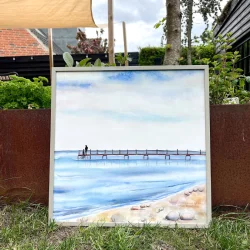 Akvarel - Badebro ved Eg� strand - 40x40cm inkl ramme