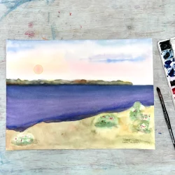 Original akvarel - Udsigt til Mols - 30x40cm inkl ramme