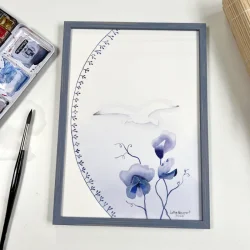 Original akvarel - Bl� blomster - A4 inkl h�ndmalet ramme med artglas