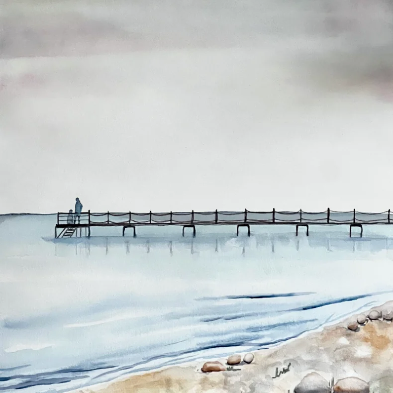 Akvarel - Badebro ved Eg� strand - 40x50cm