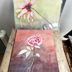 Akvarel - Blomst p� gr�nlig baggrund - 40x50cm