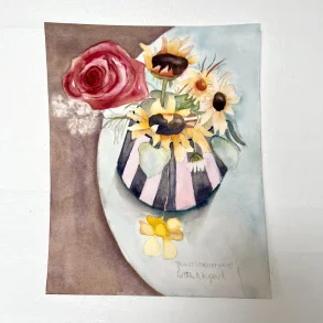 Akvarel - buket i stribet vase - 24x30cm