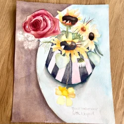 Akvarel - buket i stribet vase - 24x30cm