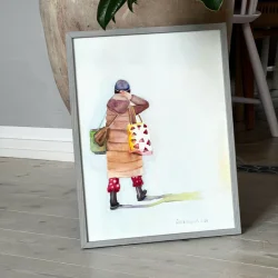 Akvarel - Hjem fra arbejde - 30x40cm inkl ramme