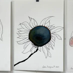 Mixed media - hvid solsikke - A3