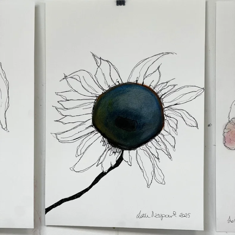 Mixed media - hvid solsikke - A3