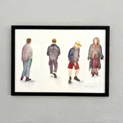 Original akvarel - Mennesker der g�r og st�r - indrammet A4