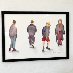 Original akvarel - Mennesker der g�r og st�r - indrammet A4