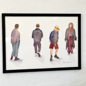 Original akvarel - Mennesker der g�r og st�r - indrammet A4