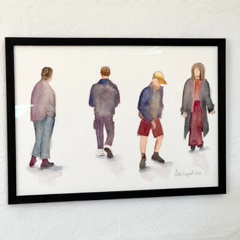 Original akvarel - Mennesker der g�r og st�r - indrammet A4