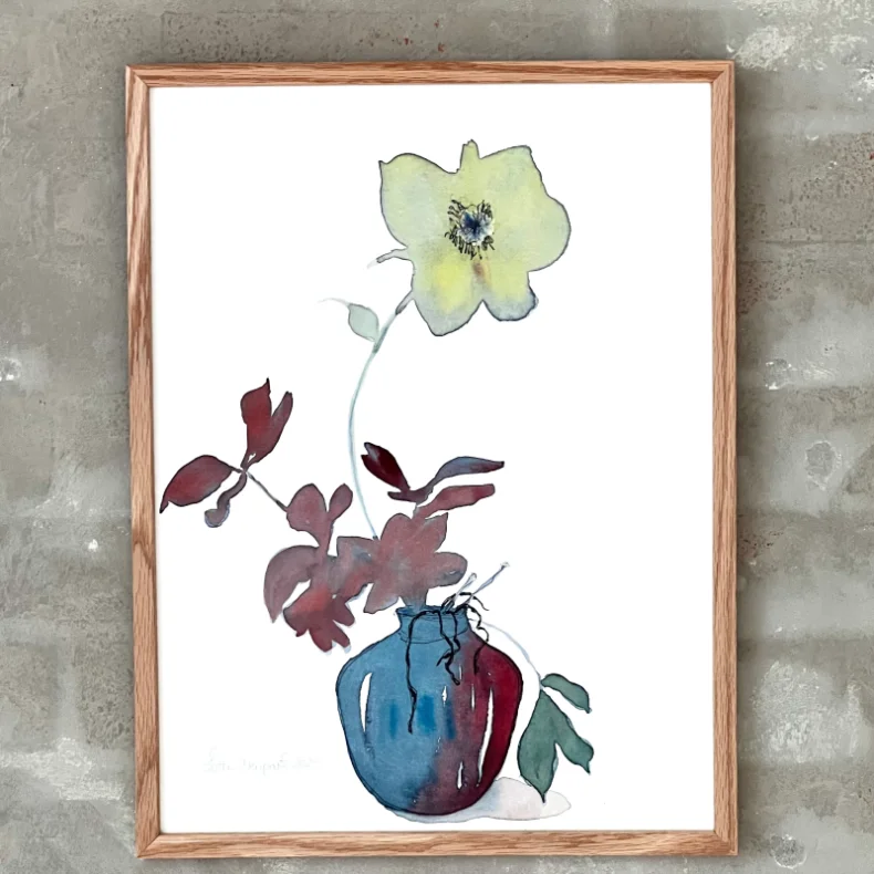 Akvarel - Julerose - grn - inkl egetrramme 30x40cm