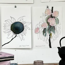 Mixed media - hvid solsikke - A3