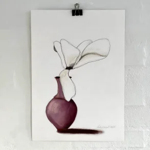 Mixed media - Lilla vase med magnolia - A3