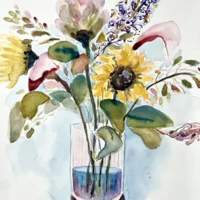 Akvarel - Buket med solsikke - 42,5x33,5cm