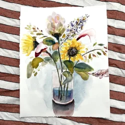 Akvarel - Buket med solsikke - 42,5x33,5cm