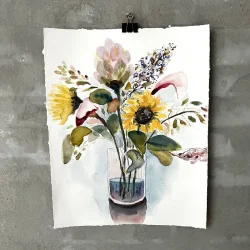 Akvarel - Buket med solsikke - 42,5x33,5cm