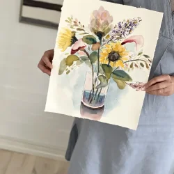 Akvarel - Buket med solsikke - 42,5x33,5cm