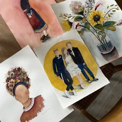 Akvarel - Buket med solsikke - 42,5x33,5cm