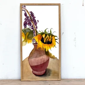 Akvarel - Stilleben med solsikke - 26,5x52 cm indrammet
