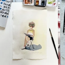 Akvarel - Flowerhead reading in the sun - A4