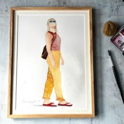 Akvarel - P� ferie - 30x40cm inkl egetr�ramme med passe partout