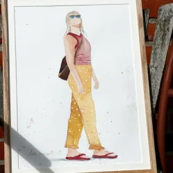 Akvarel - P� ferie - 30x40cm inkl egetr�ramme med passe partout