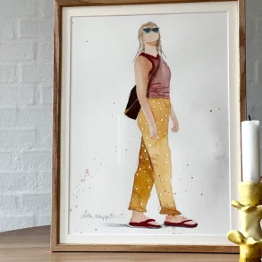 Akvarel - P� ferie - 30x40cm inkl egetr�ramme med passe partout