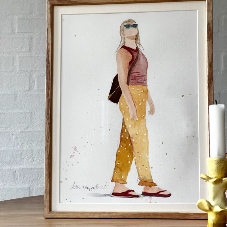 Akvarel - P� ferie - 30x40cm inkl egetr�ramme med passe partout