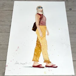 Akvarel - P� ferie - 30x40cm inkl egetr�ramme med passe partout