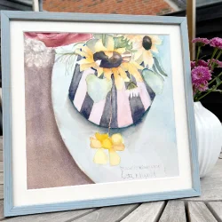 Original akvarel - buket i stribet vase - i h�ndmalet ramme 27x27cm