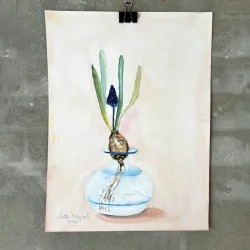 Akvarel - Perlehyacint i glasvase - 30x40cm