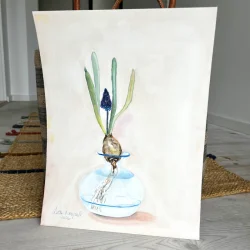 Akvarel - Perlehyacint i glasvase - 30x40cm