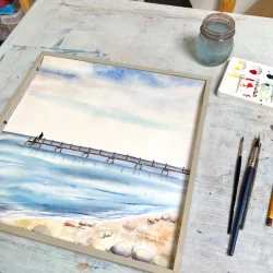 Akvarel - Badebro ved Eg� strand - 40x40cm inkl ramme