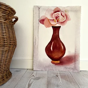 Akvarel - R�d vase med rose - A3