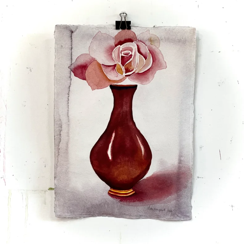 Akvarel - R�d vase med rose - A3