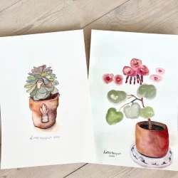 Original akvarel - Plante med r�de blomster - A4