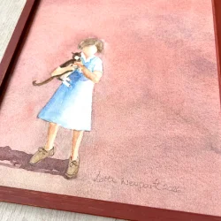Original akvarel - Mormor og katten - A4 inkl. r�dmalet ramme