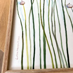 Original akvarel - Purl�g - A4 - inkl massiv egetr�ramme med artglas