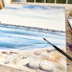 Akvarel - Badebro ved Eg� strand - 40x40cm inkl ramme