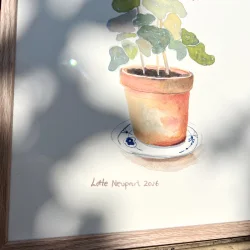 Original akvarel - Pelargonie i potte - 26x16cm  inkl egetr�ramme med museumsglas