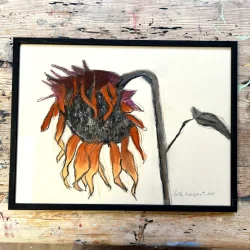 Mixed media - Solsikke - orange - 30x40cm inkl hndmalet ramme med artglas