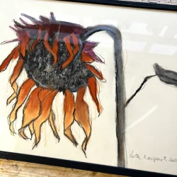 Mixed media - Solsikke - orange - 30x40cm inkl hndmalet ramme med artglas