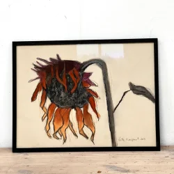 Mixed media - Solsikke - orange - 30x40cm inkl hndmalet ramme med artglas