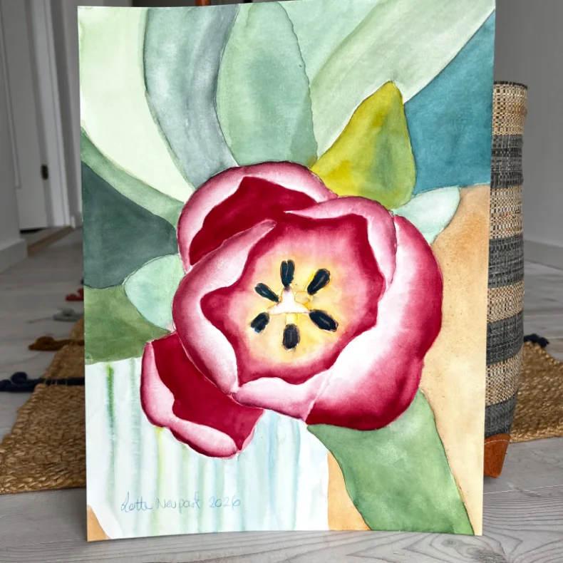 Akvarel - Tulipan i glasvase - 30x40cm