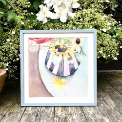 Original akvarel - buket i stribet vase - i h�ndmalet ramme 27x27cm