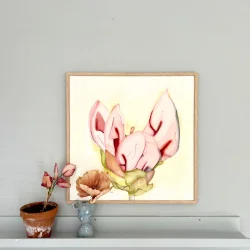 Akvarel - Young Flower - 50x50cm inkl egetr�ramme med artglas