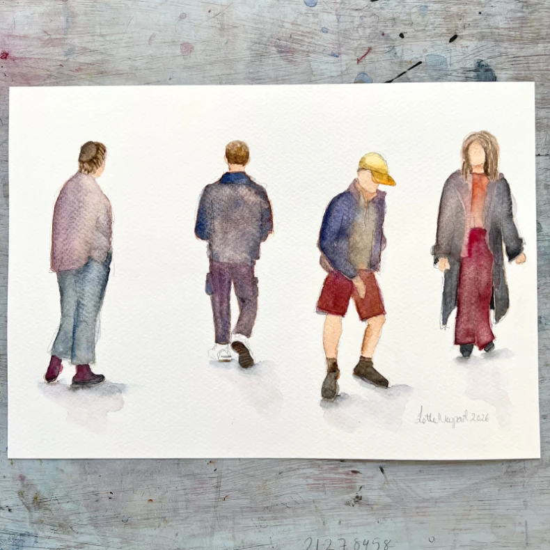 Original akvarel - Mennesker der g�r og st�r - indrammet A4